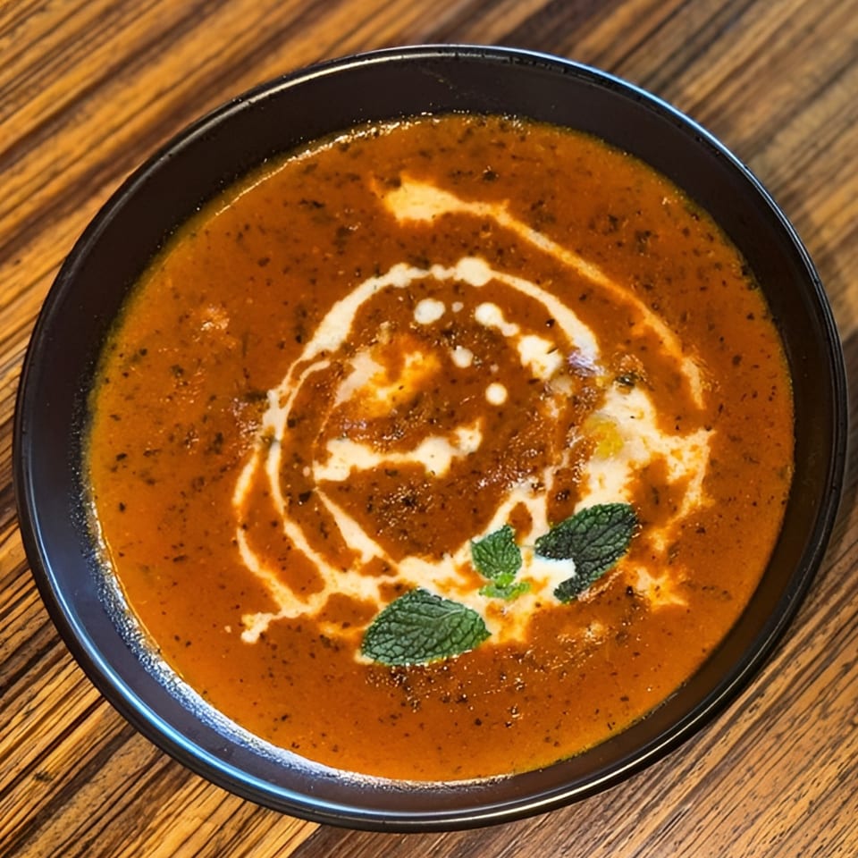 A bowl of Indian tomato soup, garnished with cream swirls and fresh mint leaves, on a wooden table.